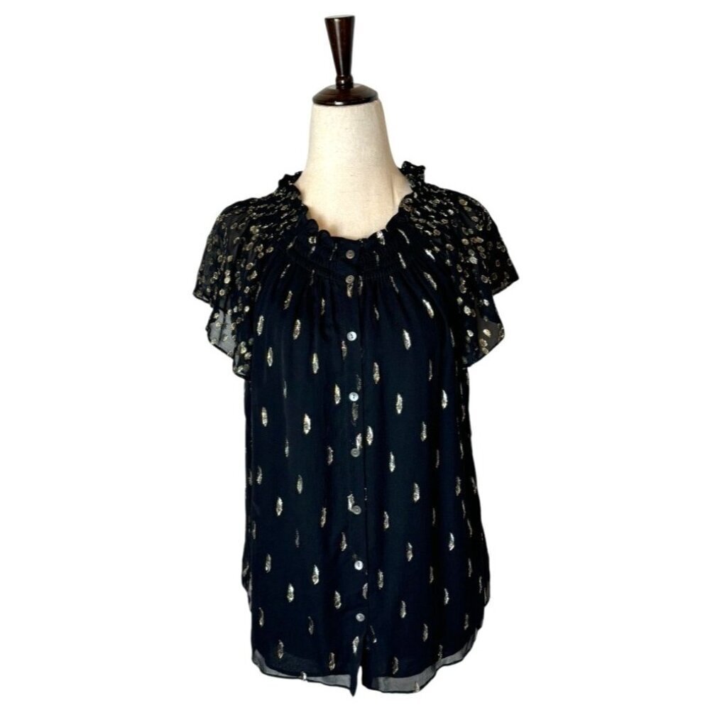 Rebecca Taylor Shirt Women 4 Black Metallic Gold Silk Ruffle Button Down Top